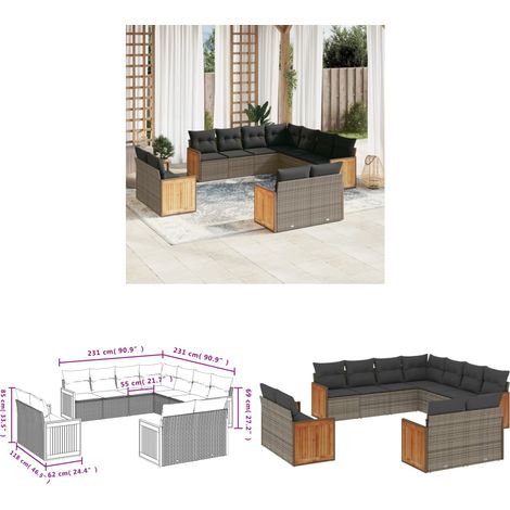 11-tlg. Garten-Sofagarnitur mit Kissen Grau Poly Rattan - Gartensofas - Outdoor Möbel - Gartenmöbelset - Rattan Gartenmöbel - Lounge Set - Home & Living (1/3)