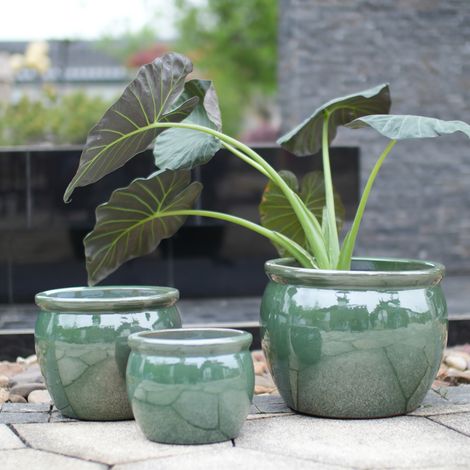 Set di 3 vasi in ceramica artigianali blu verdastro anticato Ø 37/30/23 cm (1/5)