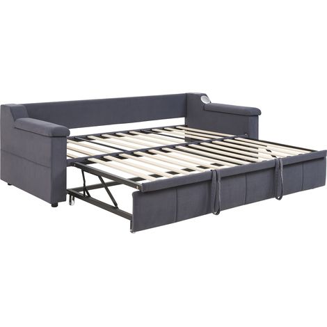 Lit banquette convertible 90/180x190 cm en velours gris, Bluetooth, USB, rangements (1/5)