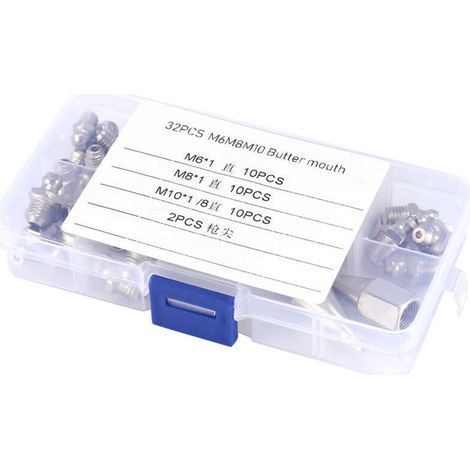 Kit de raccord de graisse hydraulique, 32 pièces M6/M8/M10 Kits d\'assortiment de raccords de mamelon de graisse Zerk en laiton avec 2 embouts pointus de pistolet à graisse (1/5)