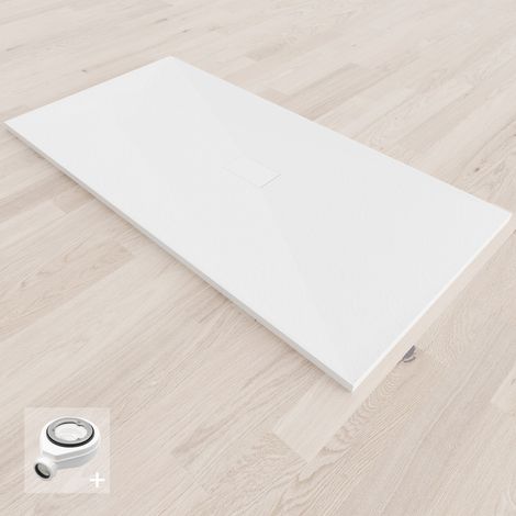 Saniverre – Receveur de douche extra-plat blanc 100 x 160 cm – Aspect pierre – Bonde d'évacuation incluse – Surface antidérapante Class C
