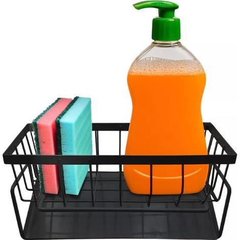 Porta spugna e sapone da cucina con scolo per lavello, leggero e pratico Black