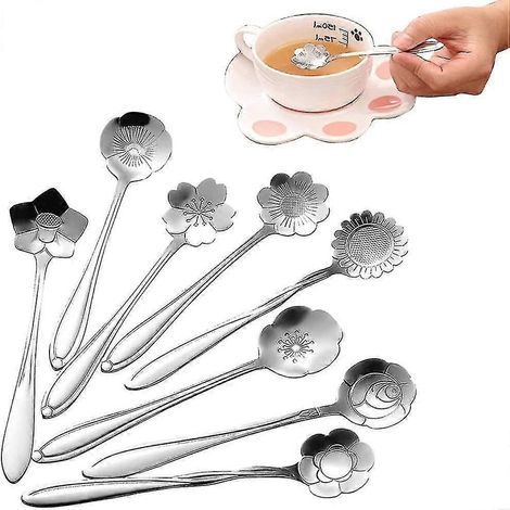 Set mit 8 Edelstahl-Blumenlöffeln, Kaffeelöffeln, Dessertlöffeln, verschiedenen Löffeln, Zuckerlöffel und Eiscremelöffel (1/5)