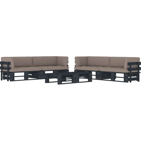 Salon de jardin palette 6pcs avec coussins Pin imprégné de noir (1/5)