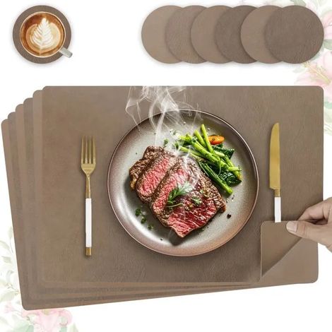 Set de table lavable antidérapant, lot de 6 en cuir PU double face, carré 43x30cm, décoration cuisine et cad - Marron Carré Lot de 6 (1/5)