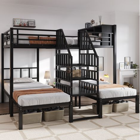 Etagenbett 239x208x161 cm schwarz aus Metall und Holz mit Treppe, Handläufen und Stauraum (1/5)