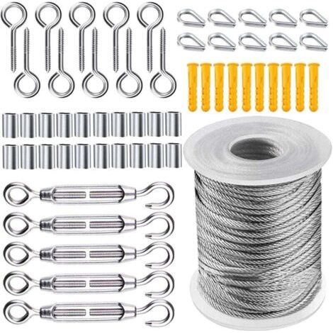 Pair 50-m-Drahtseil-Set, Gartenseilspanner aus Stahl, Edelstahl-Aufhängeseil-Set, nylonbeschichtetes Edelstahlseil für Wäscheleinen und Zeltleinen, 56-teilig