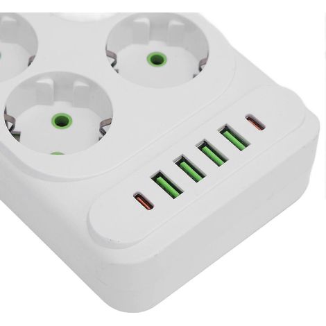 Steckdosenleiste mit 6 Steckdosen, 4 USB-Anschlüssen, 2 Typ-C-Anschlüssen, Wandmontage, Schalter und 2 m Verlängerungskabel