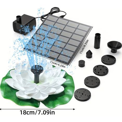 Pompe solaire pour fontaine en forme de lotus. Cette fontaine solaire possède 6 buses et convient aux bassins de jardin, aux terrasses et aux abreuvoirs à oiseaux. (1/5)