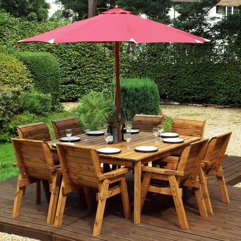 Charles Taylor 8 Seater Wooden Square Garden Dining Table & Chairs Parasol Red (1/5)