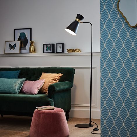 Lampadaire à 1 ampoule - Lampadaire de style néo rétro avec interrupteur à pied et tête pivotante en métal - Noir mat/doré - Hauteur : 1,5 m - 64458Z86 (1/4)