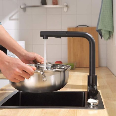 Schwarze Küchenarmatur, Küchenarmatur mit ausziehbarer Brause, 2-stufige Warm- und Kaltwasserarmatur, Küchenarmatur mit 360° schwenkbarem Auslauf, Edelstahl 304 (1/4)