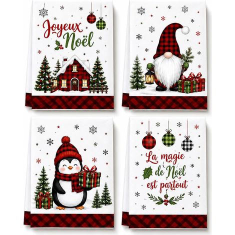 Vaisselle de Noel, Torchon Noel 40 x 60 cm, Lot de 4 Motifs Festifs (1/5)