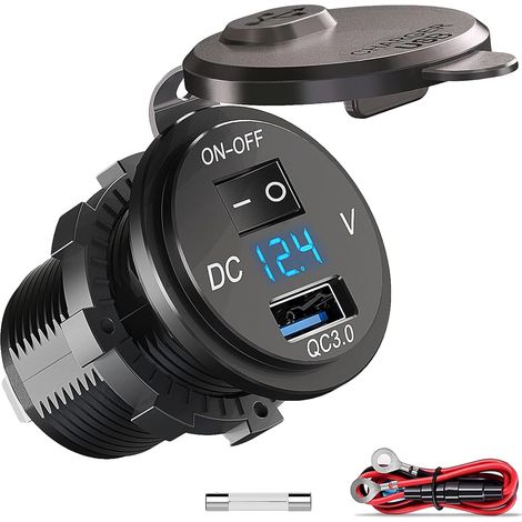 Prise de Chargeur USB Voiture 12V/24V Quick Charge 3.0, Prise Allume-Cigare avec Interrupteur LED et Voltmètre Intégré - Etanche pour Moto, Bateau, Camion, Camping-Car, 4x4, Bateau Moteur (1/5)