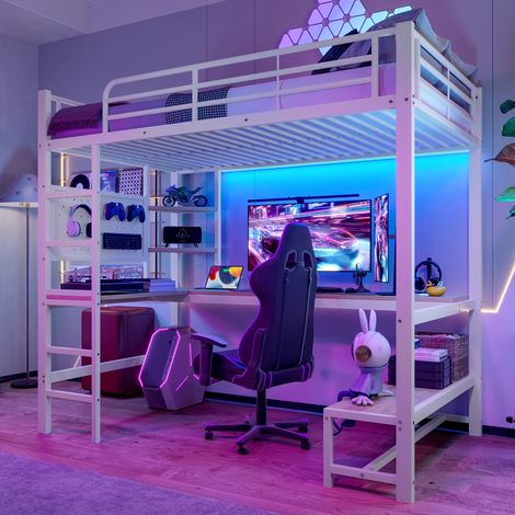 Lit mezzanine, en fer et panneau, éclairage LED, USB, avec étagères, avec matelas, blanc, 90 x 200 cm, pour bureau, sans matelas, panneau perforé