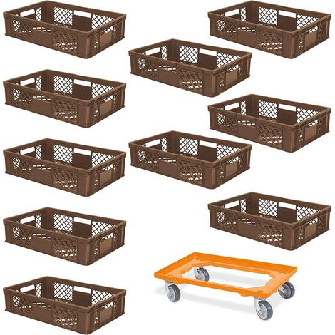 BRB 10 Eurobehälter, LxBxH 600x400x150 mm, Industriequalität, lebensmittelecht + 1 Transportroller mit Deck aus bruchsicherem ABS-Kunststoff (braun/orange) (1/2)