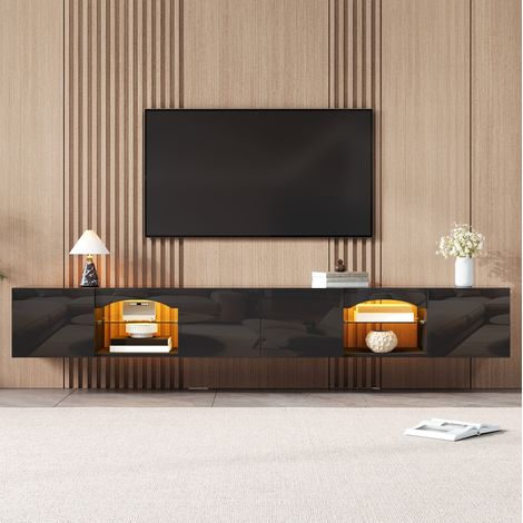 Meuble TV mural 200 cm avec LED pilotée par application, 4 portes et 2 niches, panneaux de particules noir (1/5)