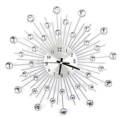 Modern 3D crystal wall clock, 30 cm silver-tone metal with sparkling mirror and rhinestones - Round wall decoration - Metal digital hands - For housewarming, living room (1/5)