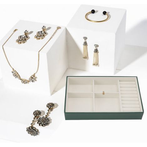 Boîte à bijoux en cuir PU anti-poussière avec couvercle transparent, vert foncé, idéale pour boucles d'oreilles, colliers et bracelets. (1/5)