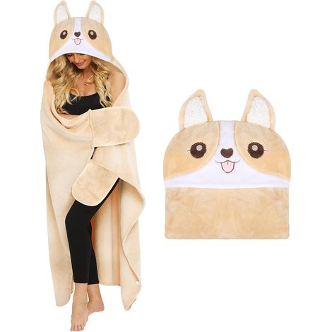 Coperta Corgi con maniche e cappuccio per proprietari di cani Coperta morbida Coperta soffice e carina Felpa con cappuccio Portatile, regali divertenti per donne e bambini per Natale 110 x 170 cm