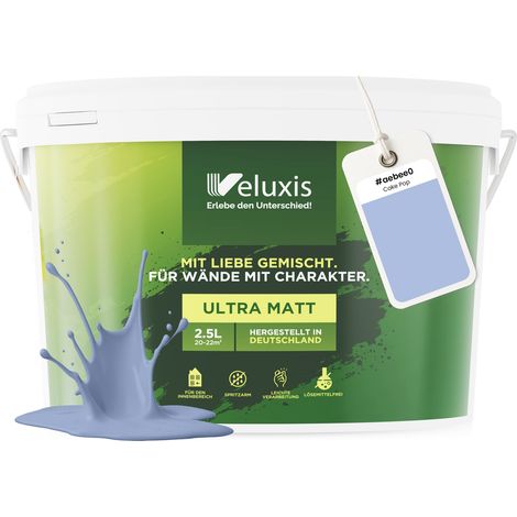 Wandfarbe Blau Hellblau Lila Matt Innenfarbe – Deckkraft Klasse 1, VOC-frei, Ohne Grundierung, Tropfarm – Wohnzimmer & Schlafzimmer – 2,5L – Veluxis (Cake Pop)