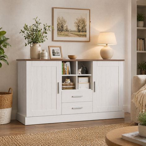 Madia 140 x 40 x 79,5 cm, 2 ante, 2 cassetti, decorazione legno bianco e marrone DESVIAE (1/5)
