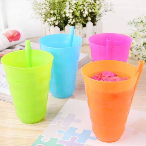 Trade Shop - Juego De 12 Vasos De Plástico De Colores Con Pajita Incorporada Para Niños -