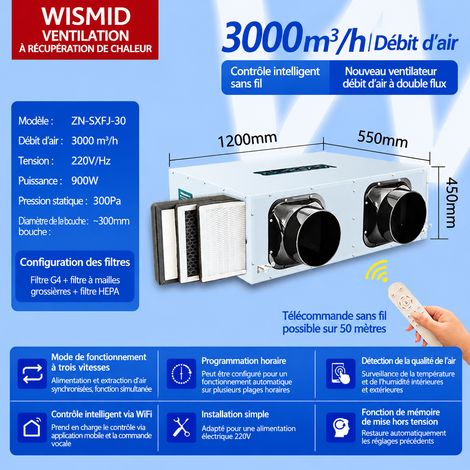 Système de ventilation VMC double flux intelligent 3000 m³/h avec purification 220V 3000 réf 3093 40 kg – Livraison gratuite