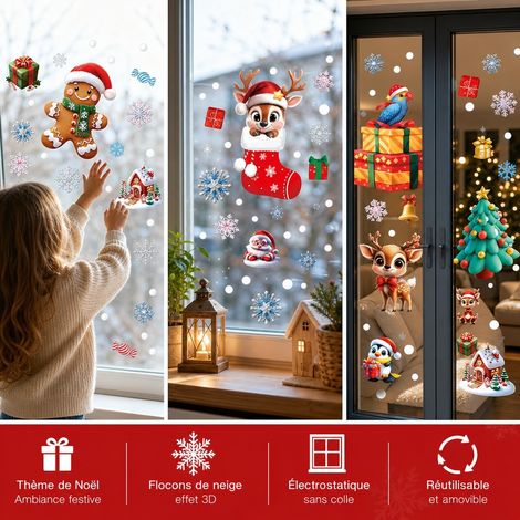Lot de 4 Stickers Noel 3D Combo Peres-Noel Bonhomme de Neige Sapin Cadeaux PVC 30 x 20 cm (1/4)