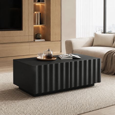 Mesa de centro de MDF y tablero de partículas 100 x 50 x 40 cm negra con 2 cajones y frente ondulado