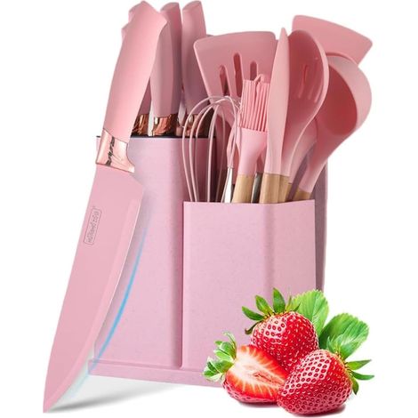 Lot de 19 ustensiles de cuisine en silicone avec support et couteaux de cuisine pour la cuisine, antiadhésifs et résistants à la chaleur, avec manche en bois (rose) (1/5)