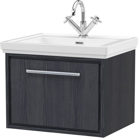 Longnor 1 Drawer Wall Hung Vanity Unit with 1 Tap Hole Traditional Fireclay Basin, Woodgrain Graphite Grey, 600mm