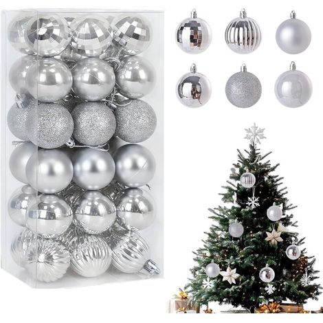 RHG Lot de 36 boules de Noël en plastique incassable de 4 cm, décoration de sapin de Noël pour une décoration complète de sapin, élégante en mat, brillant et scintillant (argenté) (1/5)