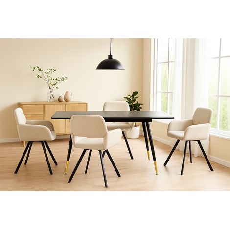URBAN MEUBLE Ensemble table extensible noir effet bois 120-160cm et 4 chaises pivotantes tissu beige (1/5)