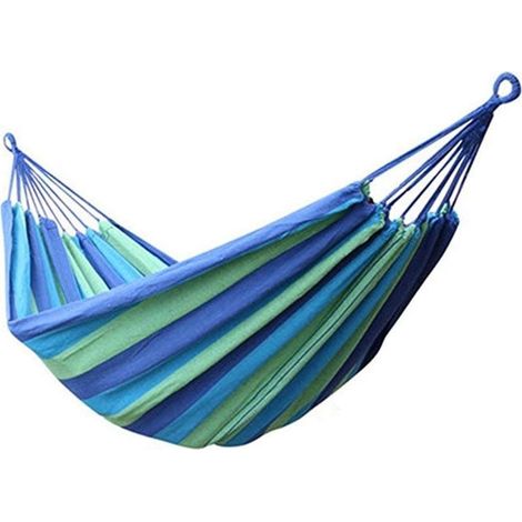 Hamac d'extérieur de Camping, en Plein air Portable en Toile, à Rayures Mélangisme Lit d'extérieur Patio Jardin Backpacking Loisirs Jardin Hamacs Ultraléger avec Sac (190 150cm, Bleu)-Fei Yu (1/4)