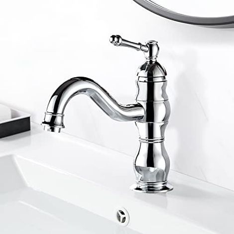 Robinet lavabo rétro pivotant 360° – Mitigeur laiton levier unique – Eau chaude froide, montage 3/8 pour meuble salle de bain（Argenté）