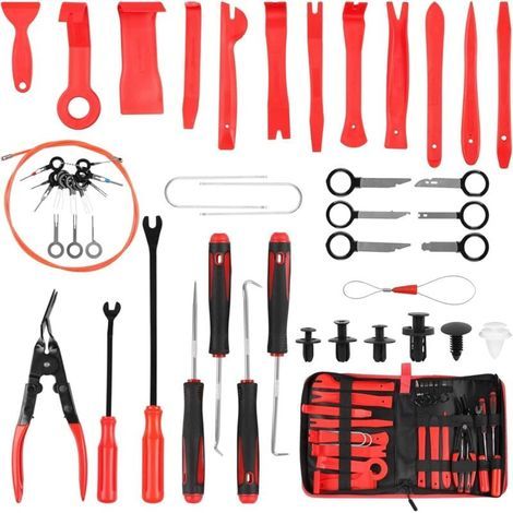 Kit De DéMontage Garniture Auto 143 Pièces Pour Panneaux Portes Tableau De Bord Radio Trousse Outils Rouge (1/4)