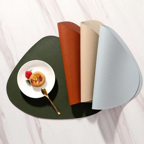 Set de table - - Rond - Similicuir bleu clair - 4 pièces - 42,5x34 cm - Lavable (1/5)