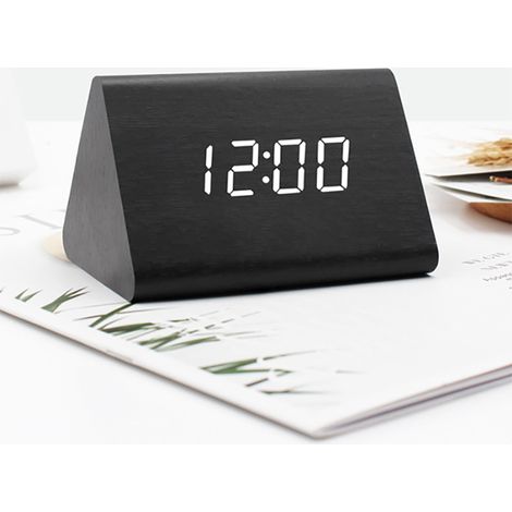 Réveil numérique à LED avec affichage de l'heure, de la date, de la température et du calendrier - Bois noir, lumière blanche (1/5)