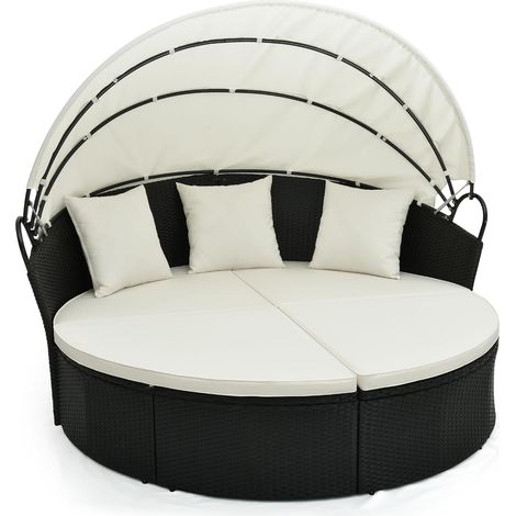 Costway – Lit de jardin rond en rotin PE avec auvent rétractable – 2 canapés demi-lune – Coussins confortables – Charge 360 kg – Pour jardin et bord de piscine (1/5)