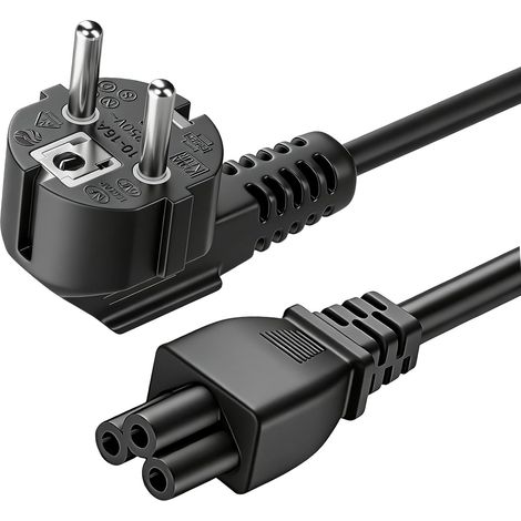 1,5 m langes, abgewinkeltes Netzkabel Typ F (90°) auf C5-Stecker, 3-poliges Netzkabel für Fernseher, PC, Monitor, CEE 7/7 auf IEC C5 (dreipolig), 16-A-Kleeblattkupplung, 3 x 0,75 mm²