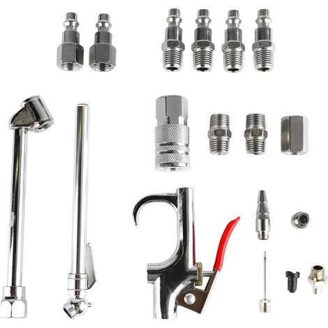 Kit di accessori per pistola ad aria compressa da 17 pezzi: raccordo NPT da 1/4", ugello a doppio pedale, manometro per pneumatici e kit di gonfiaggio con compressore. (1/5)