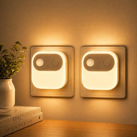 Veilleuse avec détecteur de mouvement et capteur crépusculaire Veilleuse ambrée pour enfants, luminosité réglable 30/60/100 Lm, pour couloir, escalier, chambre à coucher, 2 pièces (1/5)