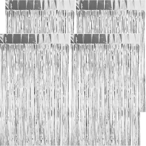 Rideau Frange Argenté 4 Pièces 1x2M - Décor Métallique Brillant pour Anniversaire, Baby Shower, Photobooth - Fond Scintillant en Feuille (1/5)