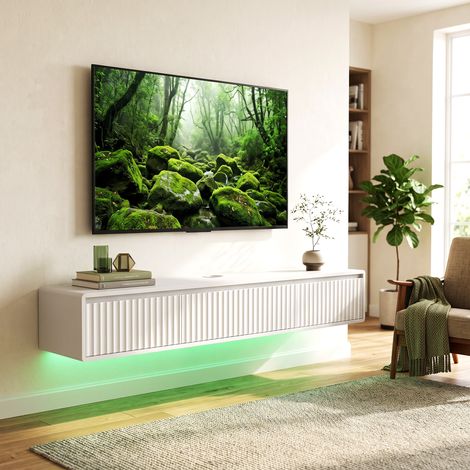 Meuble TV Suspendu Flottant 160 cm, LED et Prises, Rangement, Blanc, Design (1/5)