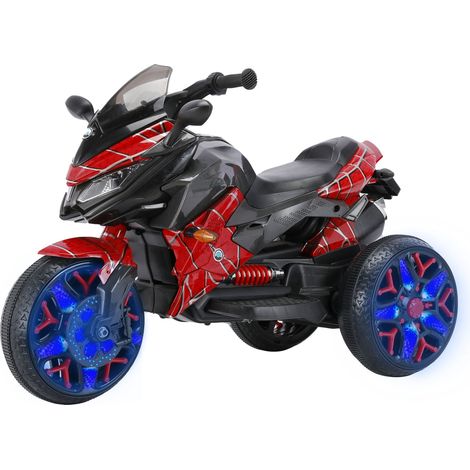 Moto électrique enfant 12V 3 roues avec démarrage clé, phares LED, coffre, double moteur et musique Bluetooth, spider red