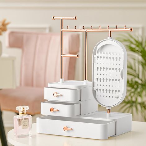 Jewelry Organizer Makeup Storage Box with Mirror Necklace Eearring Display, White (1/5)
