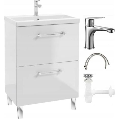 Ensemble meuble de salle de bains avec vasque, robinet et siphon 50x80cm, sur pied, blanc brillant Cassandra