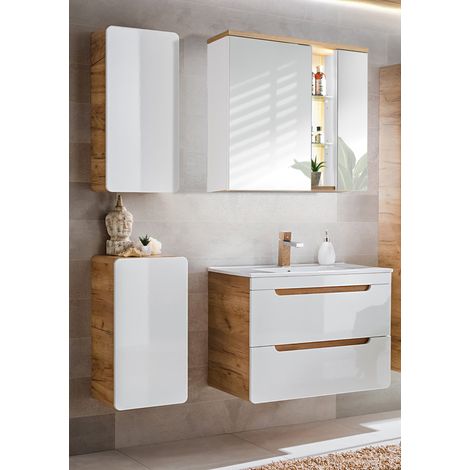 Badezimmer Set in Hochglanz weiß, Wotan Eiche Nb. LUTON-56 Keramik-Waschtisch & LED-Spiegelschrank B/H/T ca. 131/195/46 cm (1/5)