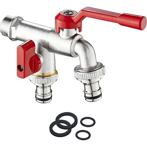 Double Robinet de Jardin-3/4'' Pouce Robinet d'eau en Laiton Robinet Exterieur Mural avec 2x 3/4 pouces de sortie Pour Jardin, Machine à Laver, Baril de Pluie anti-rouille et antigel (1/4)